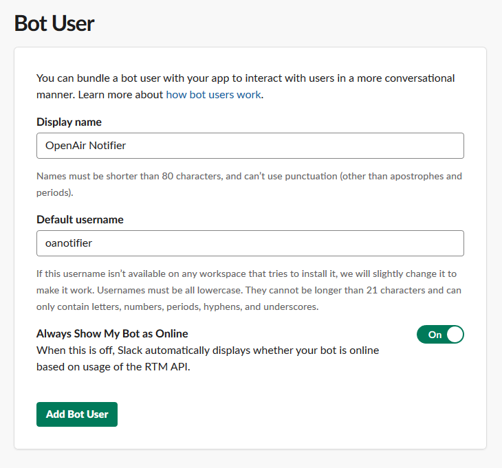 Bot User popup window in Slack.