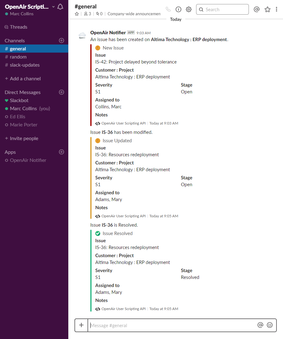 Example of notifications sent automatically to a Slack channel using user scripting.