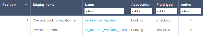 Custom field list view showing the vacation override custom fields.