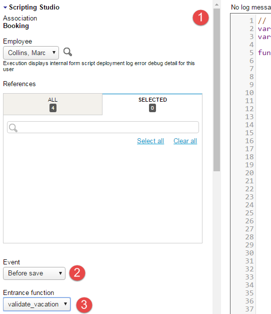 Scripting Studio tools and settings panel showing the form association, the user event association and the selected entrance function.