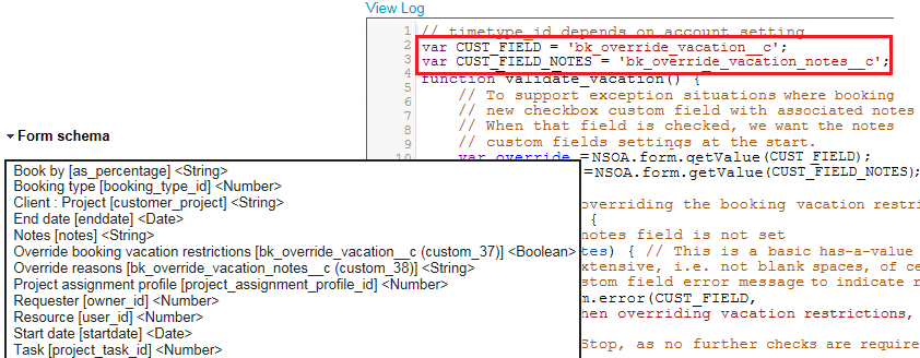 Scripting Studio form schema explorer listing the vacation override custom fields.