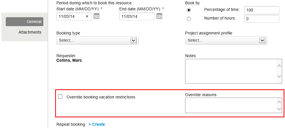 Custom "Override vacation" custom fields on the Booking entity form.