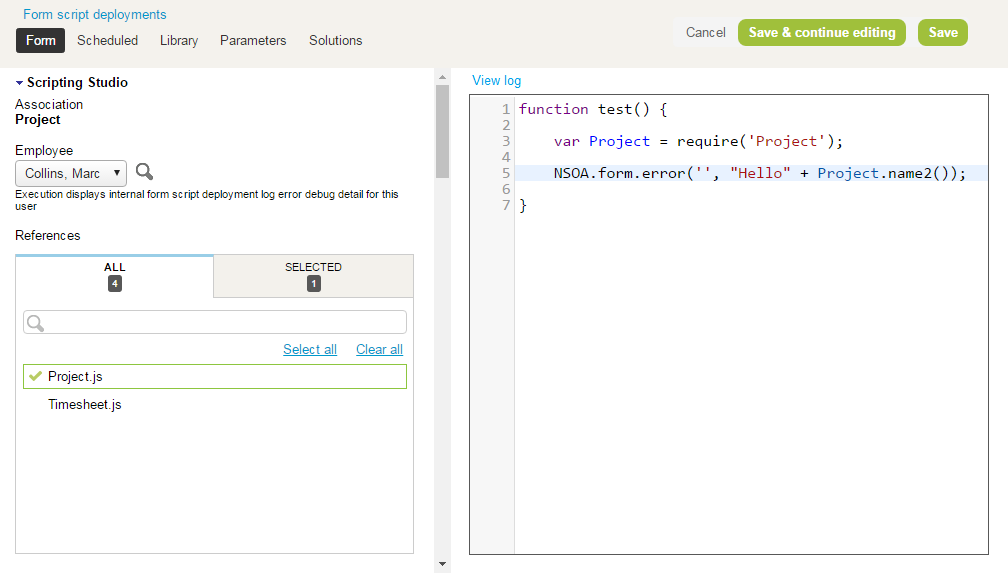 OpenAir Scripting Studio showin an example of form script referencing a library script.