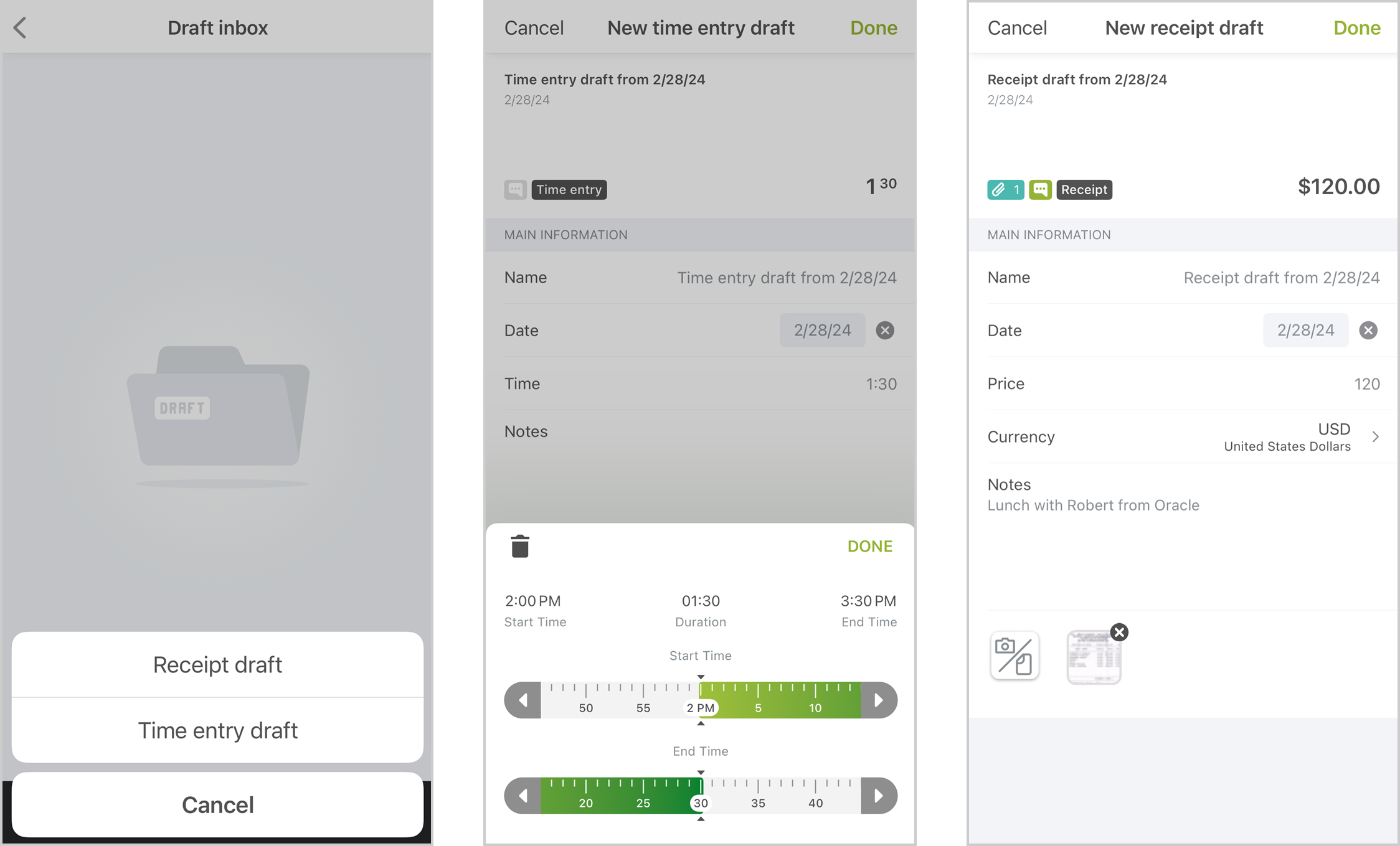 Add draft time entries or receipts in the mobile app.