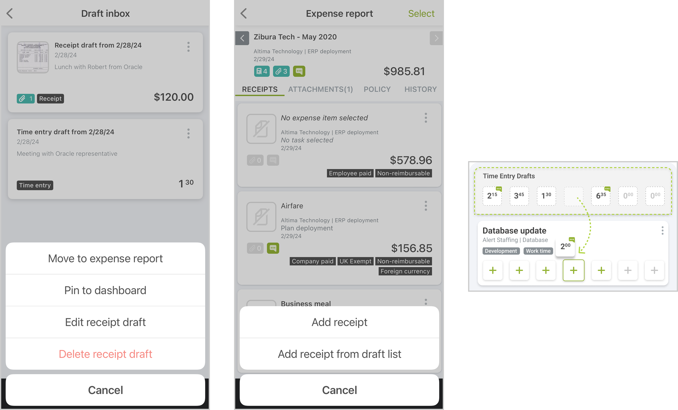 Move or pull a draft receipt or time entry into your expense report or timesheet.