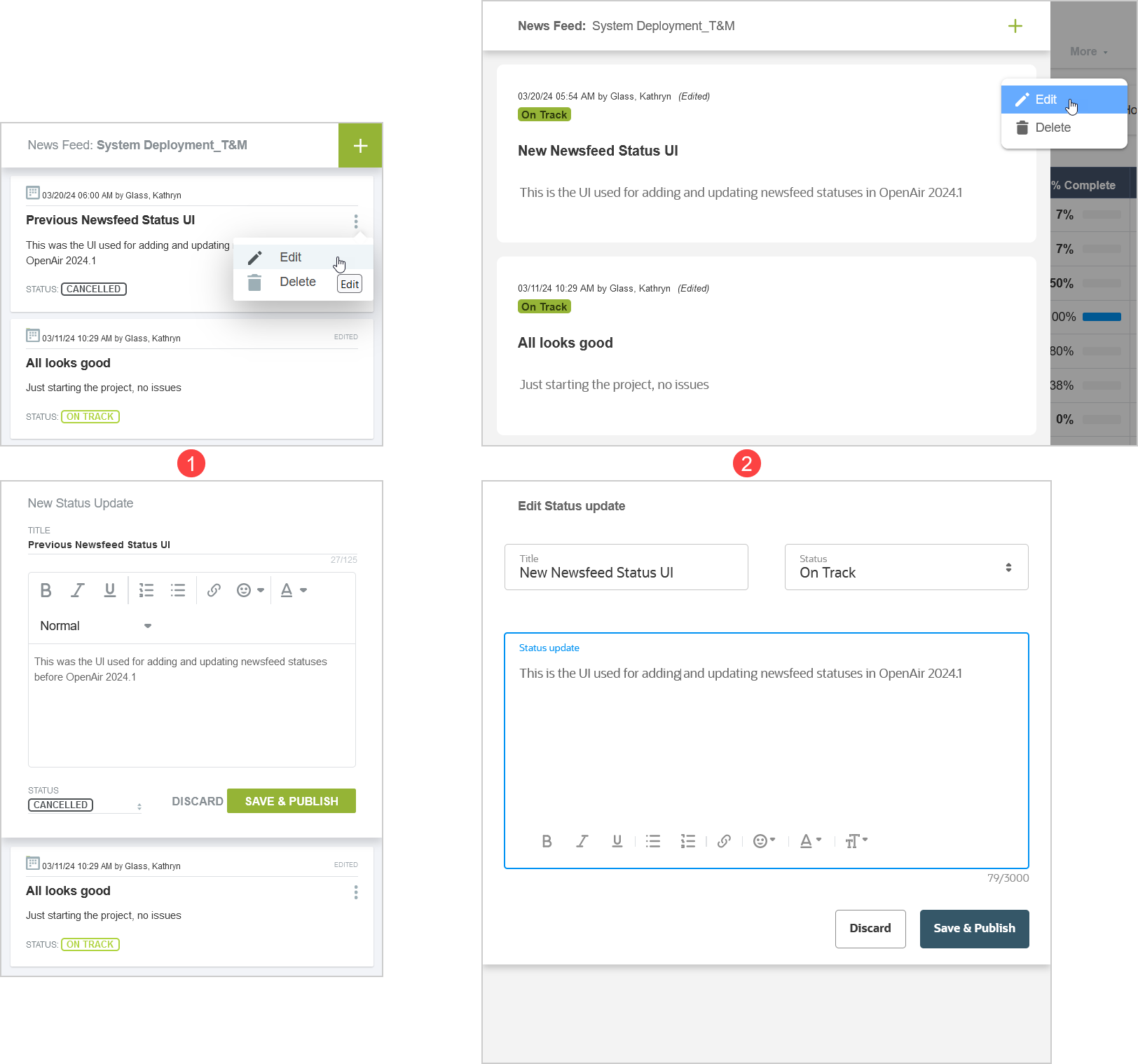 Comparison of the project status news feed UI before and in 2024.1