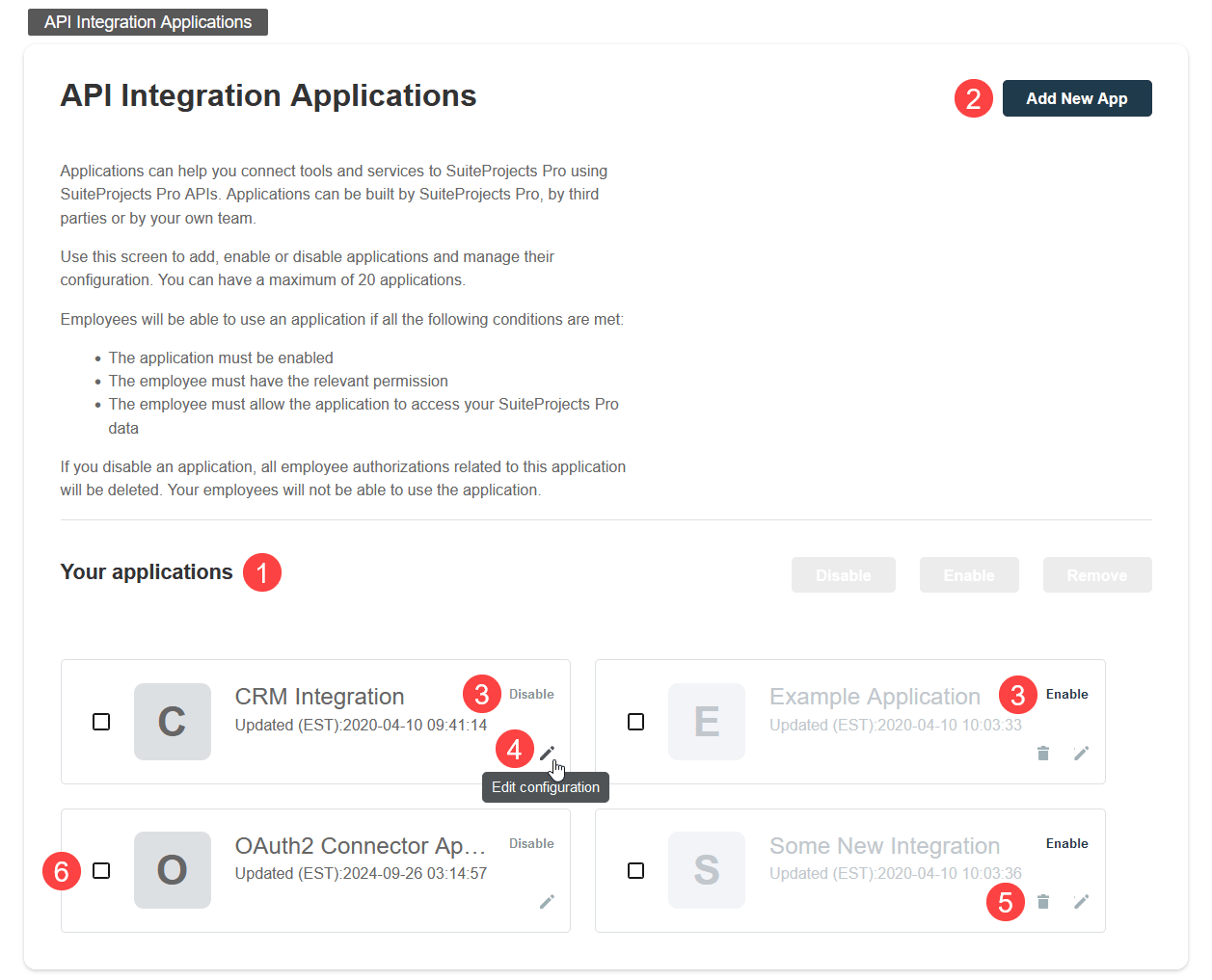 API integration applications administration form.