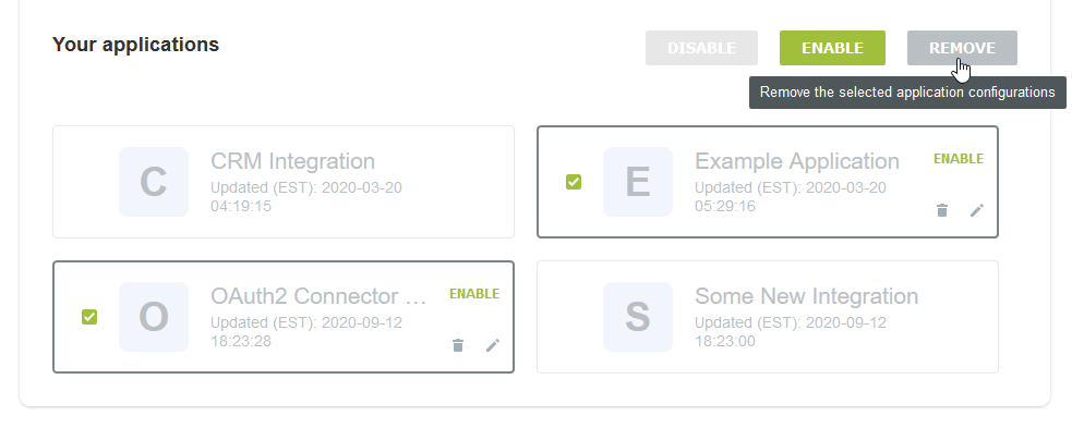 API integration applications administration form - Enable, Disable or Remove an application.