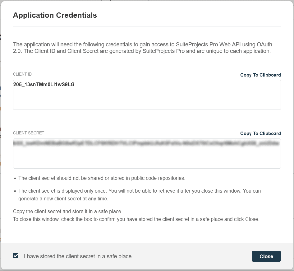 API integration applications administration - Application credentials form.