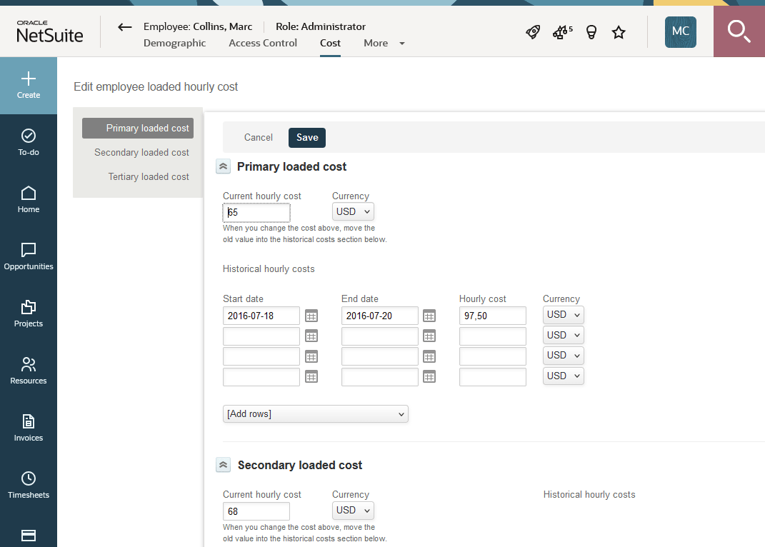Cost link within the employee record form.