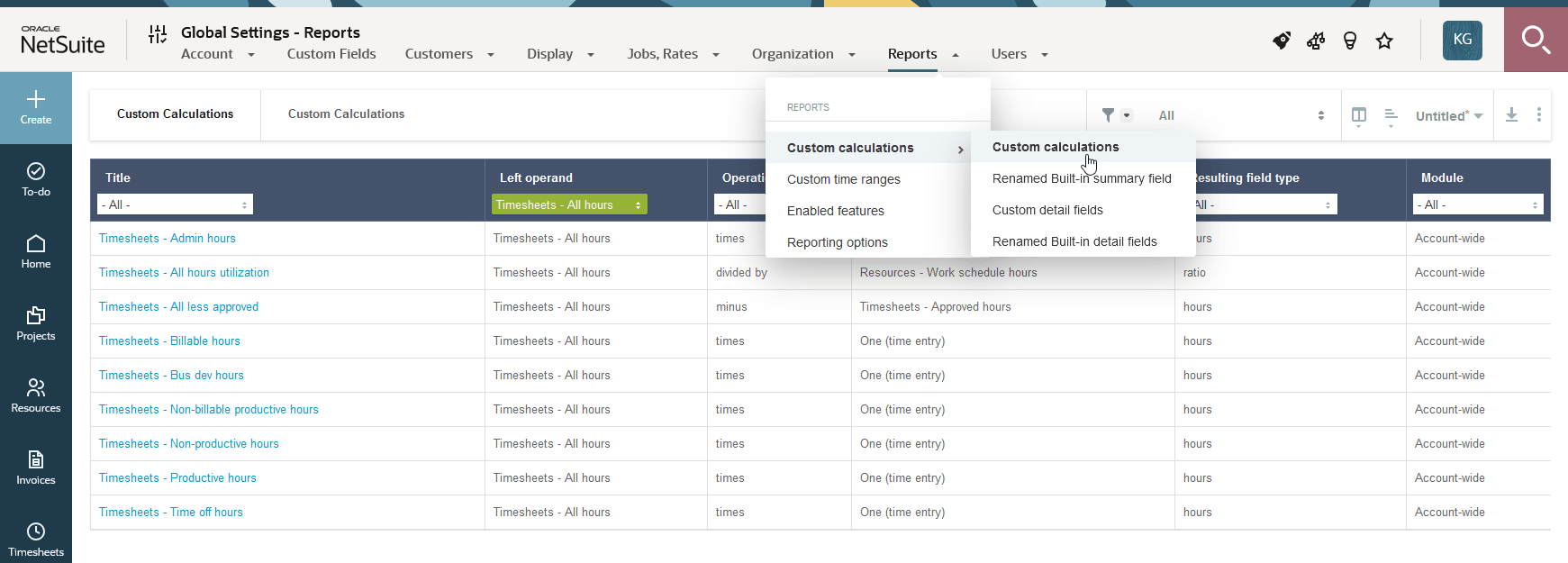 Custom calculations list view.
