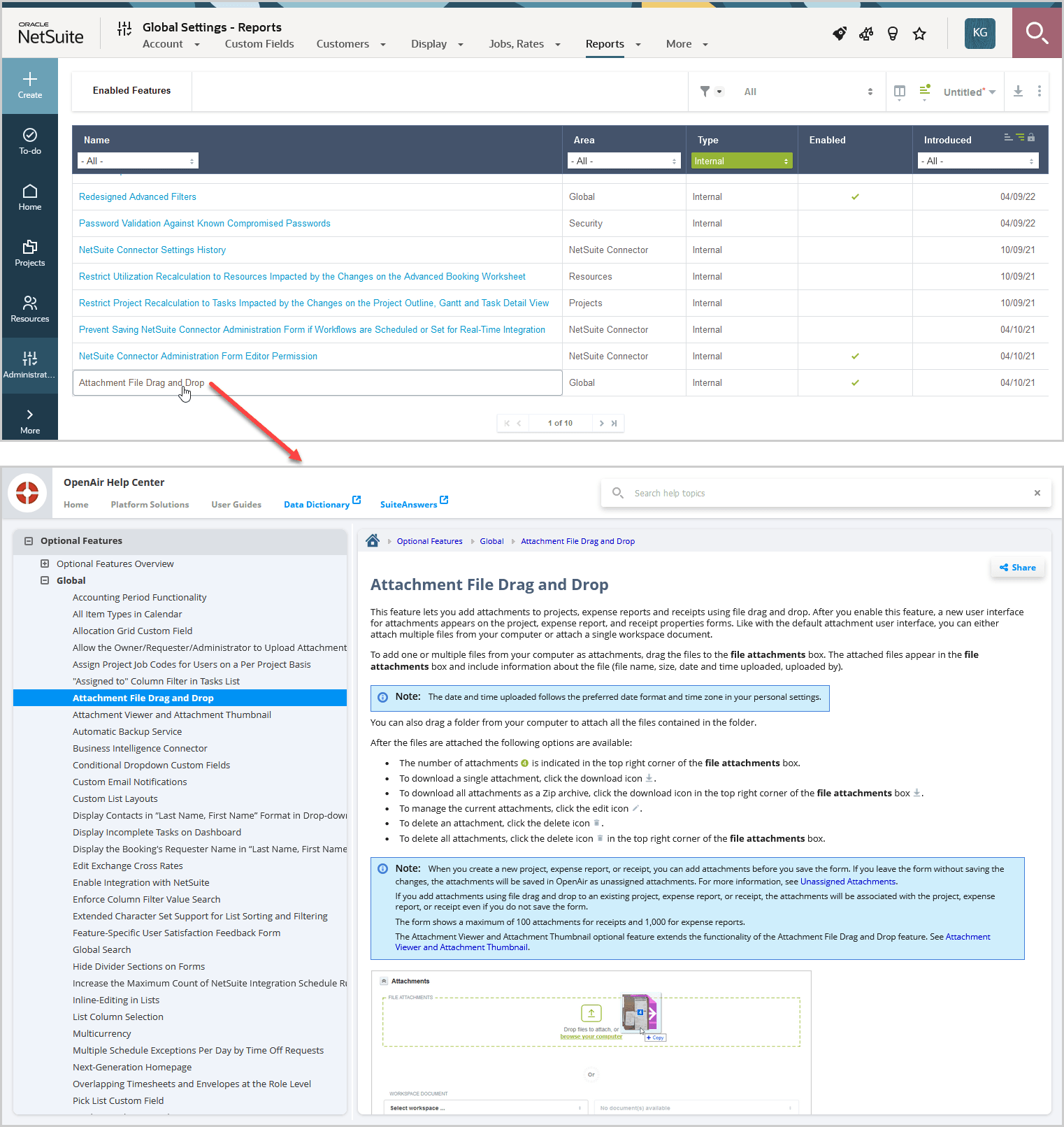 Enabled Feature List and Help Center