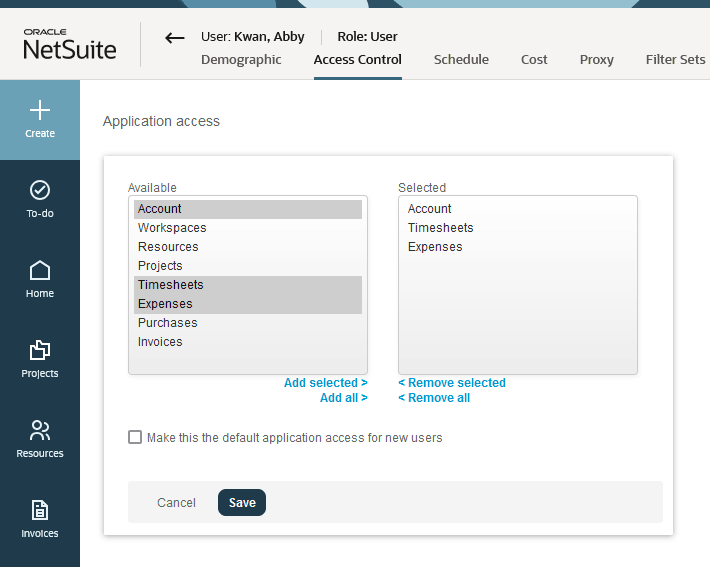 Application access control form.