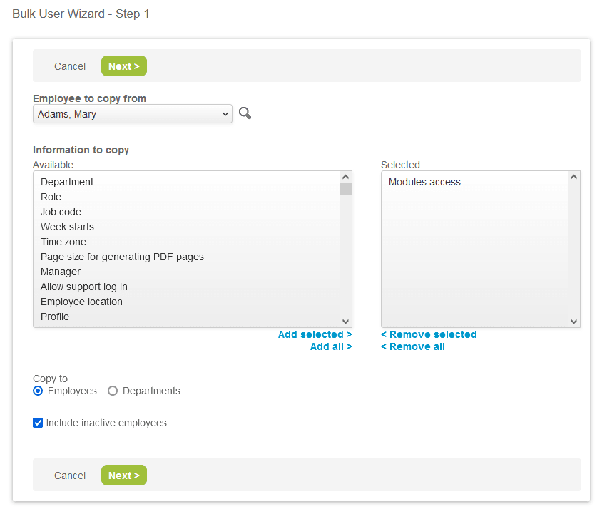 Bulk employee change wizard form (Step 1).