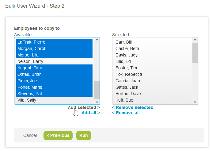 Bulk employee change wizard form (Step 2).