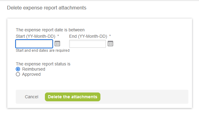 Expense attachment deletion wizard form.