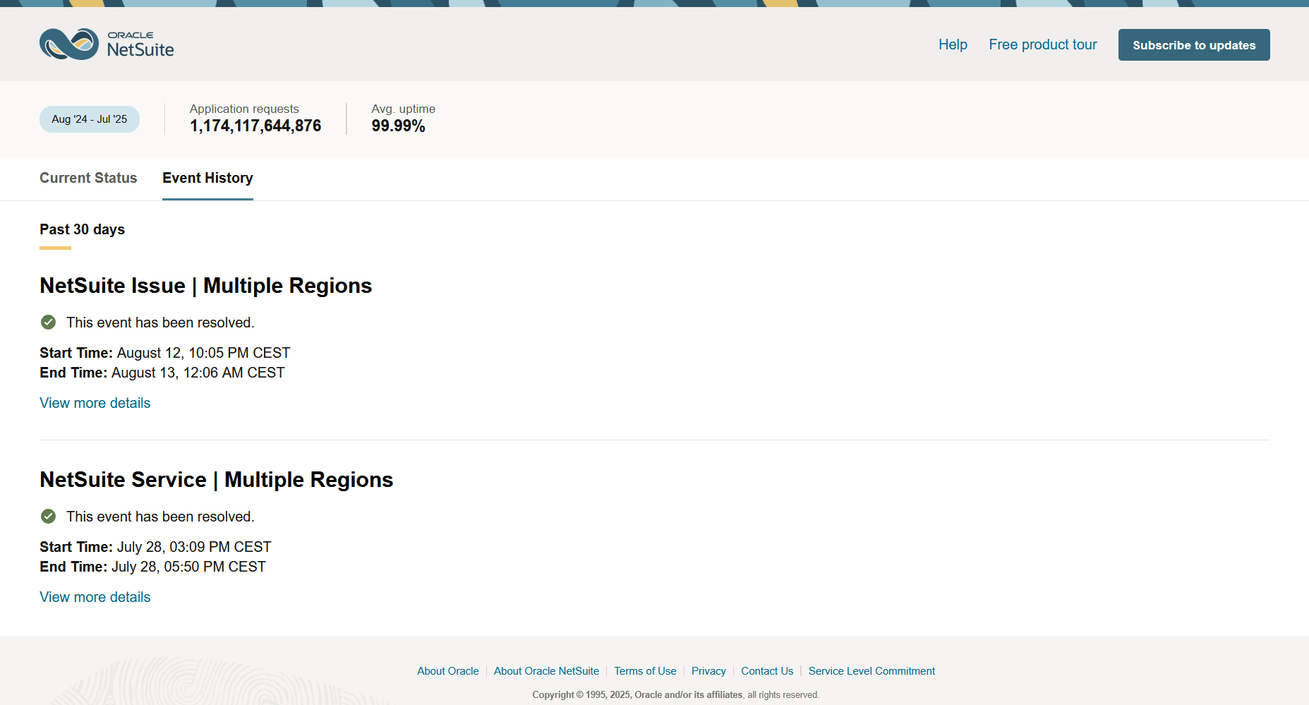 Event history on the NetSuite service status page.