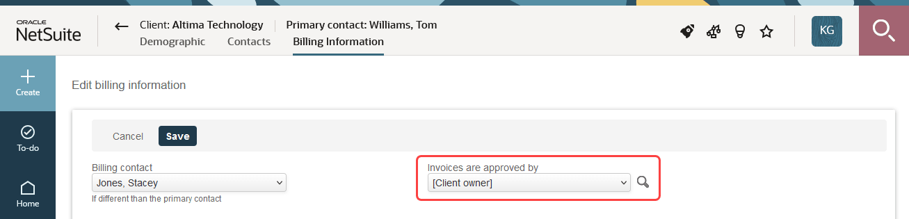 Billing information page on the customer record showing the Invoices approver dropdown field.