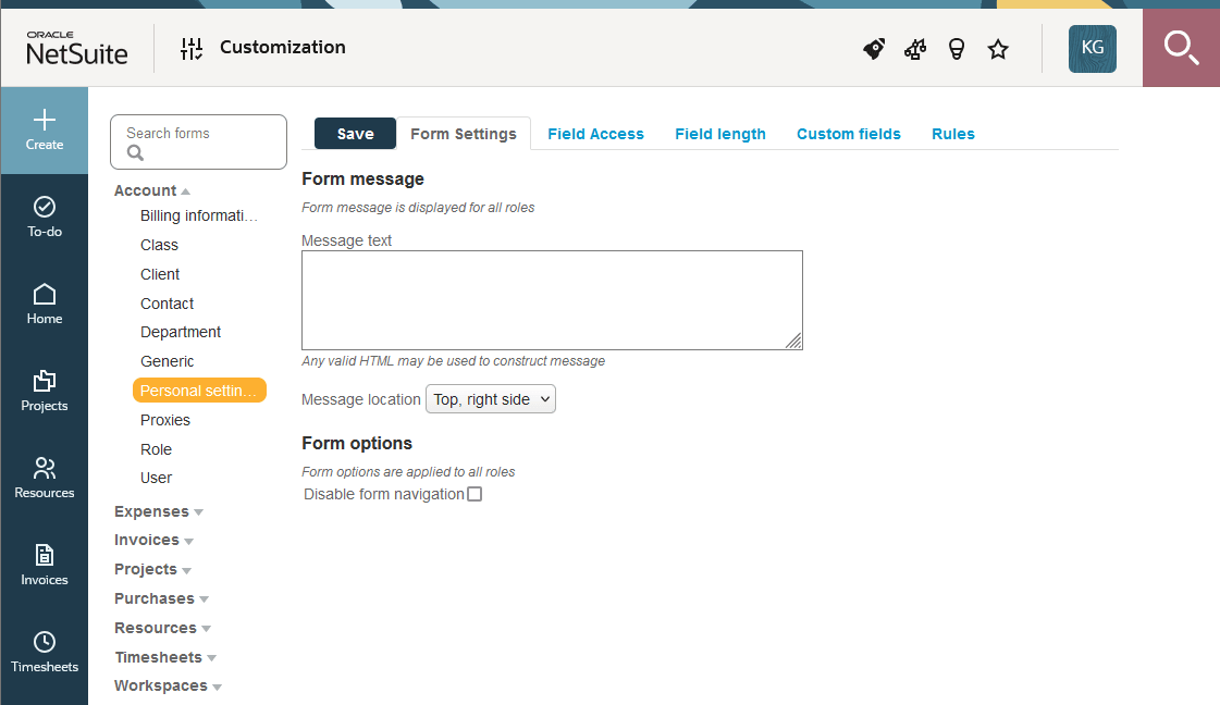 Customazation center properties form.
