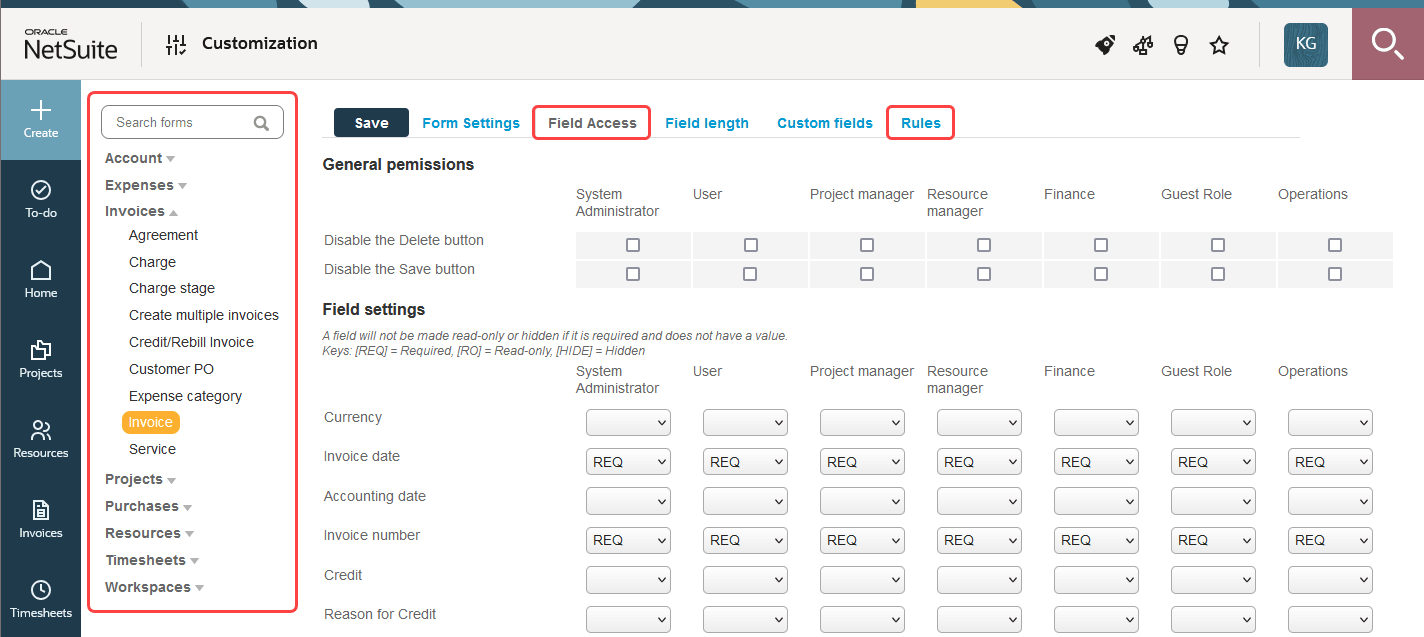 Modify field access on Customization page.