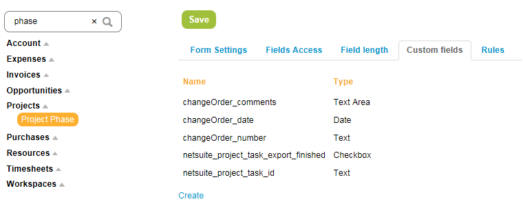 Customization Center showing Project Phase custom fields.