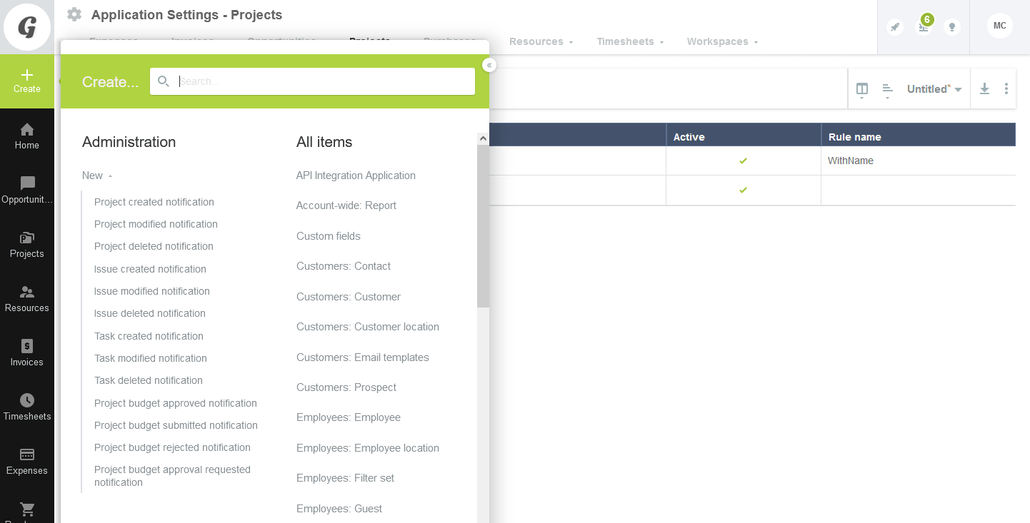 Notification List and Create options for record types under the Projects module.