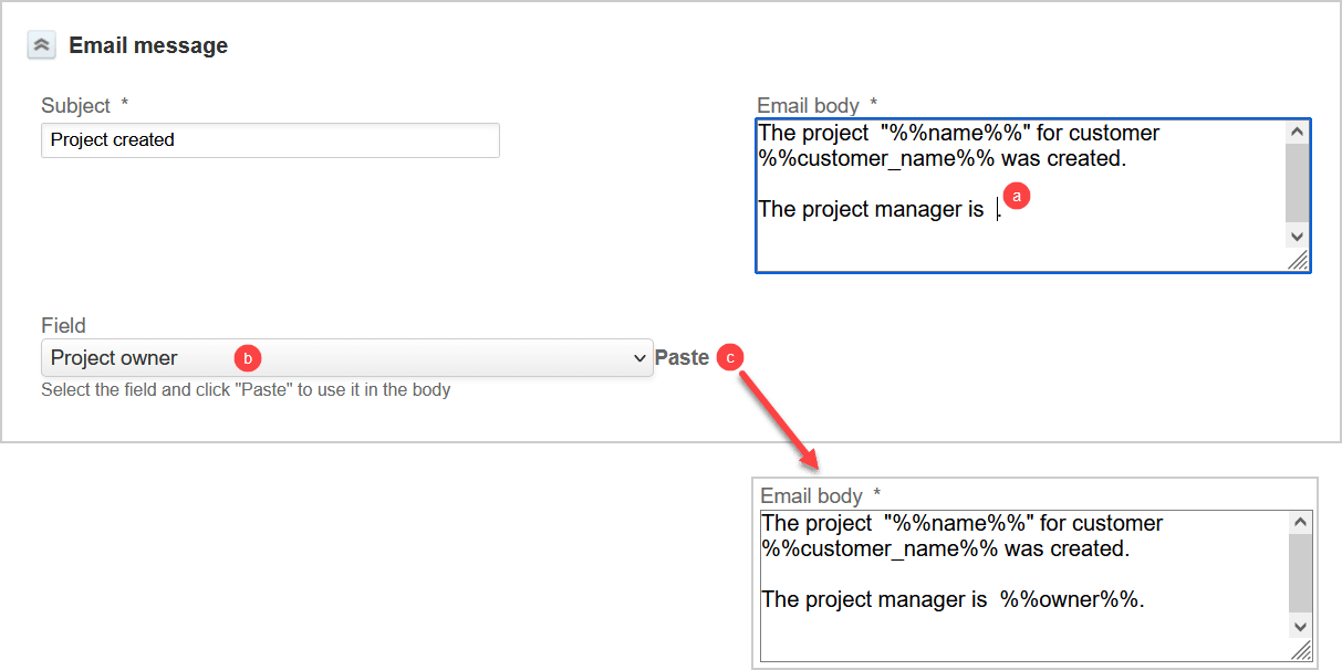 Placeholders in email templates.