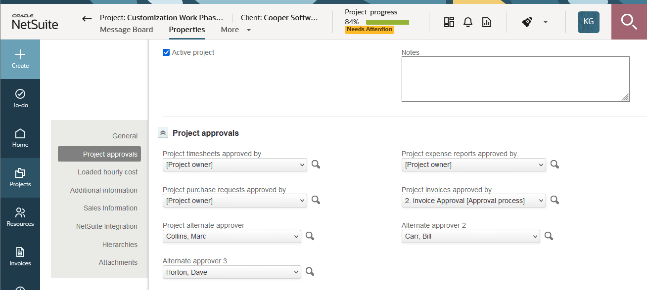Approvals at the project level on the project properties form.