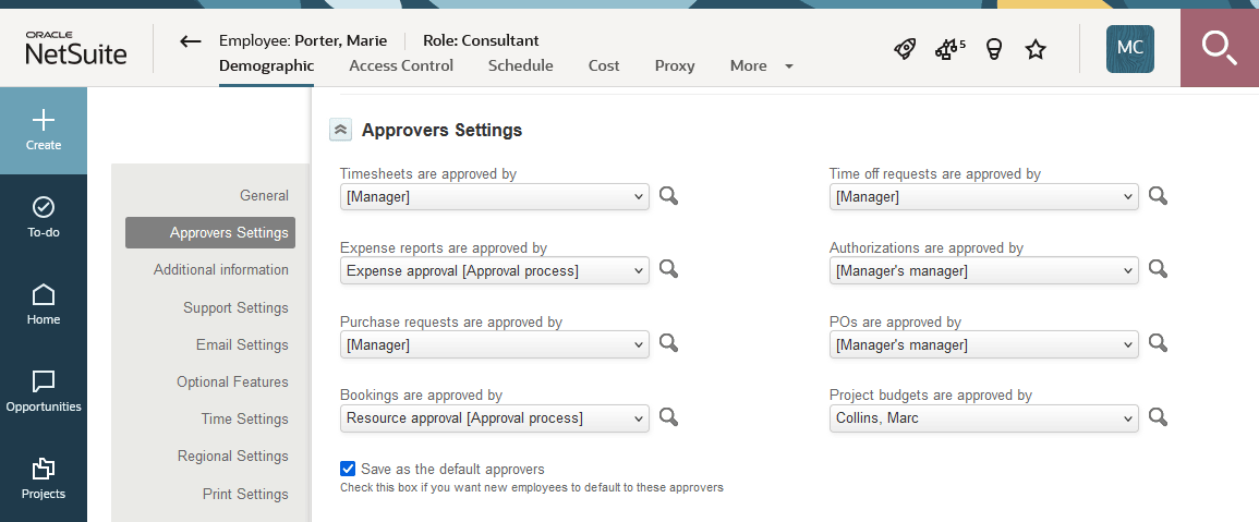 Approval settings at the user level on the user demographics form.