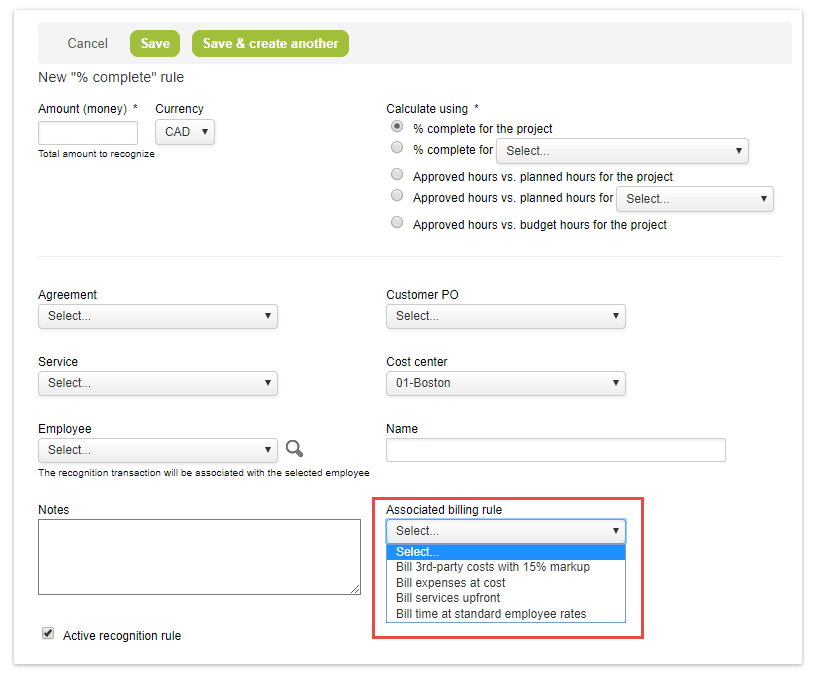 Revenue recognition switches properties form.