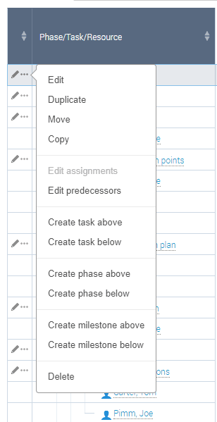 Gantt context sensitive menu.