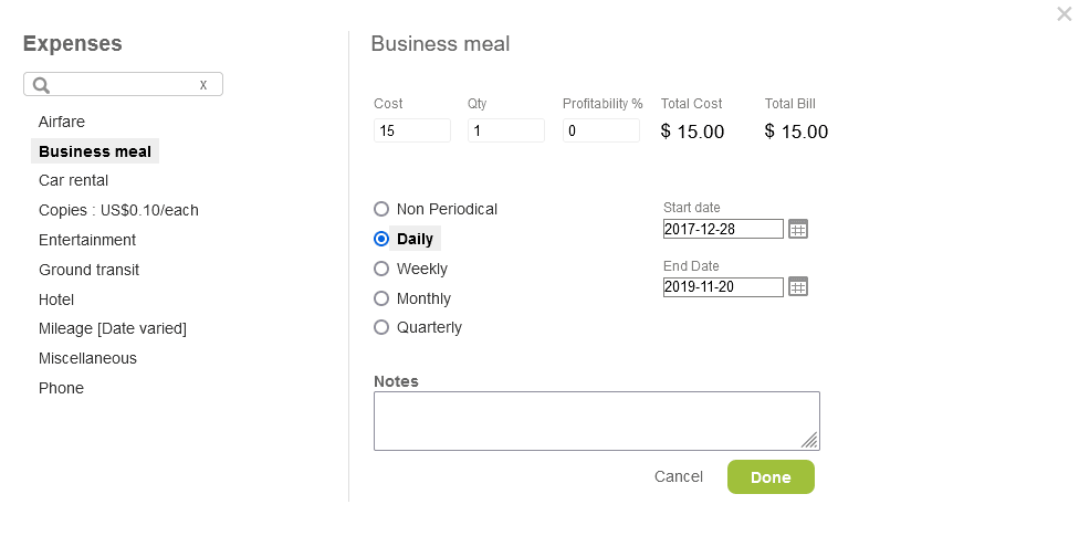 Add Expenses popup window on the project budget page.