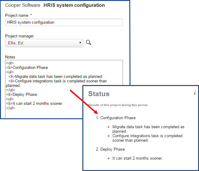 Project status messages properties form.