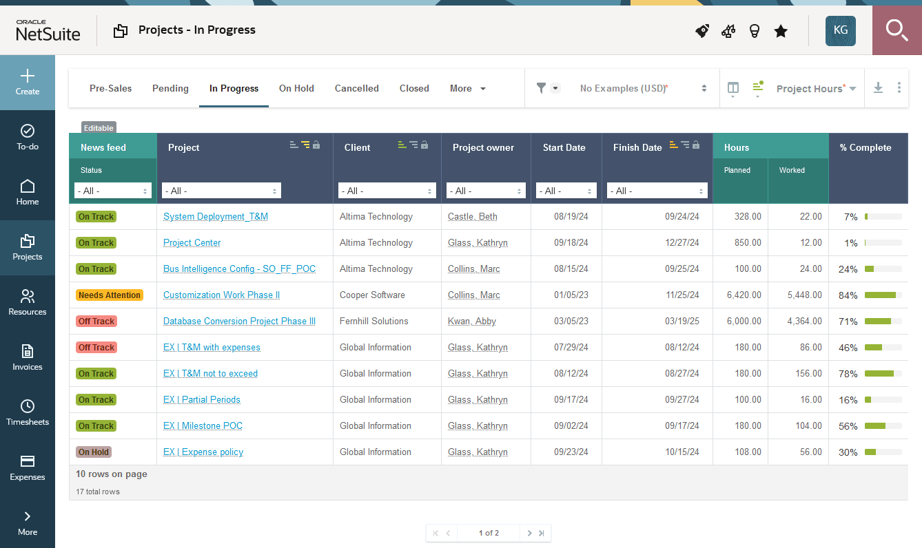 Projects list.