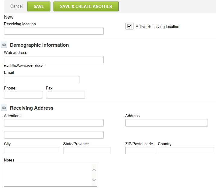 Receiving locations form