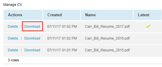 Download a reasources's older resumes or CVs.
