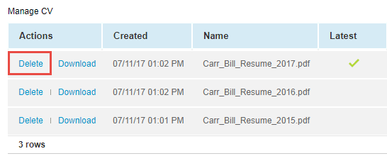 Delete a reasources's older resumes or CVs.