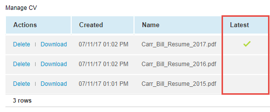 Latest column containing a check mark for the most recently uploaded CV.