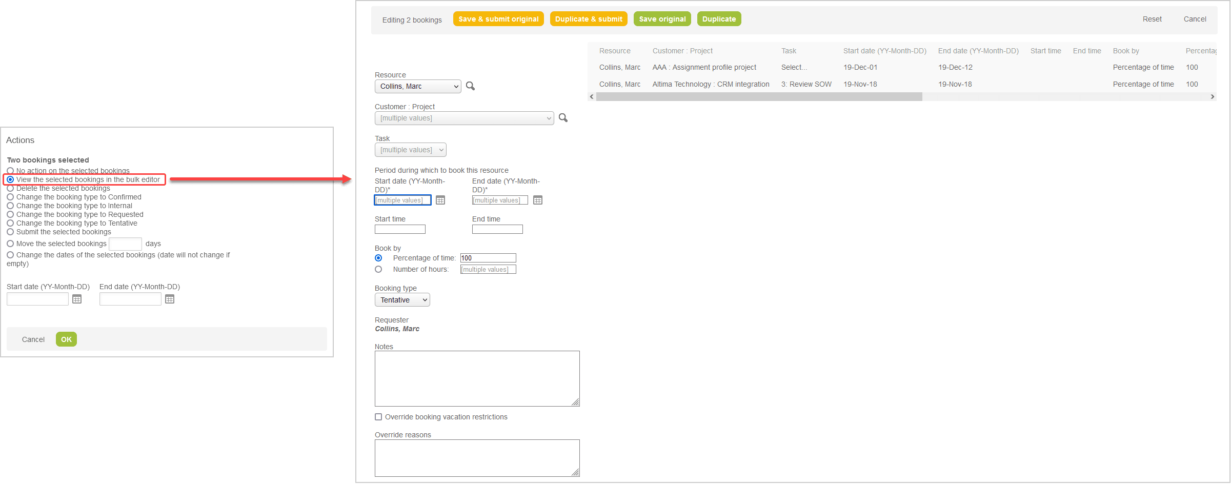 Bulk actions for booking form.