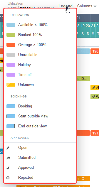 Resource booking planner legend.