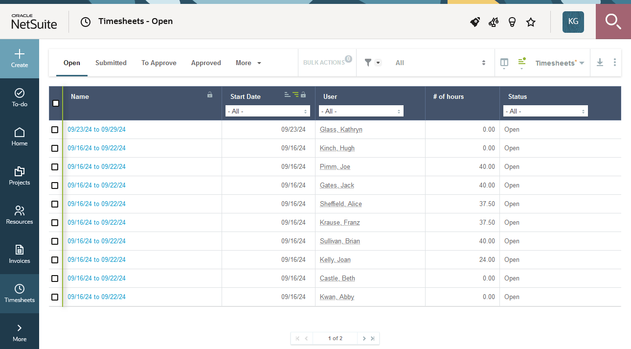 Timesheets entities form.