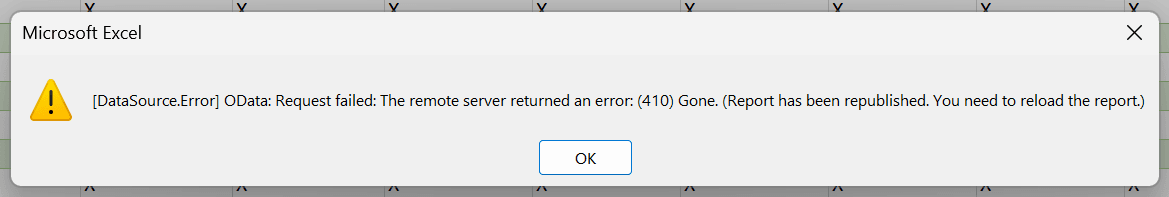 410 Gone HTTP error shown in Excel when a published report is refreshed while Excel pages through the published report.