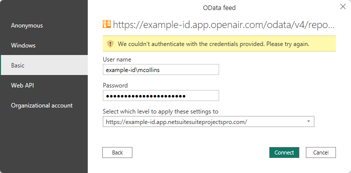 Basic Connection settings in the Microsoft Power BI OData feed dialog box showing an authentication error.