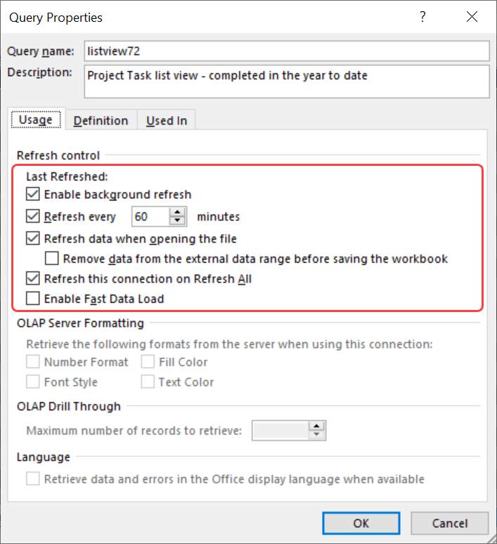 Query Properties window in Microsoft Excel 2019 for Windows.