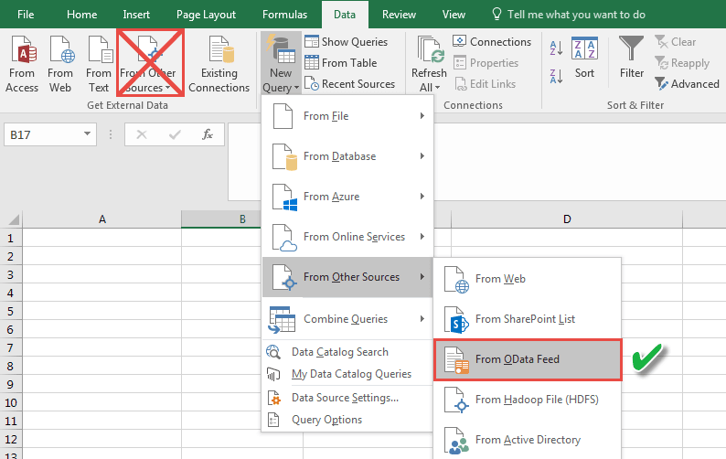 Get data from OData feed in Microsoft Excel 2016 for Windows.