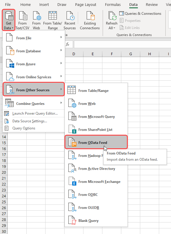 GetData from OData Feed in Microsoft Excel 2019 for Windows.