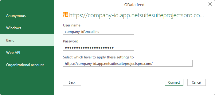 Basic connection settings on the OData feed dialog box in Microsoft Excel 2019 for Windows.