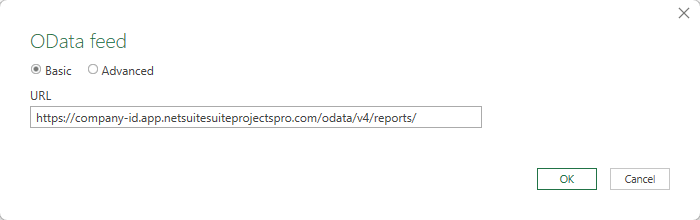 OData feed dialog box in Microsoft Excel 2019 for Windows.