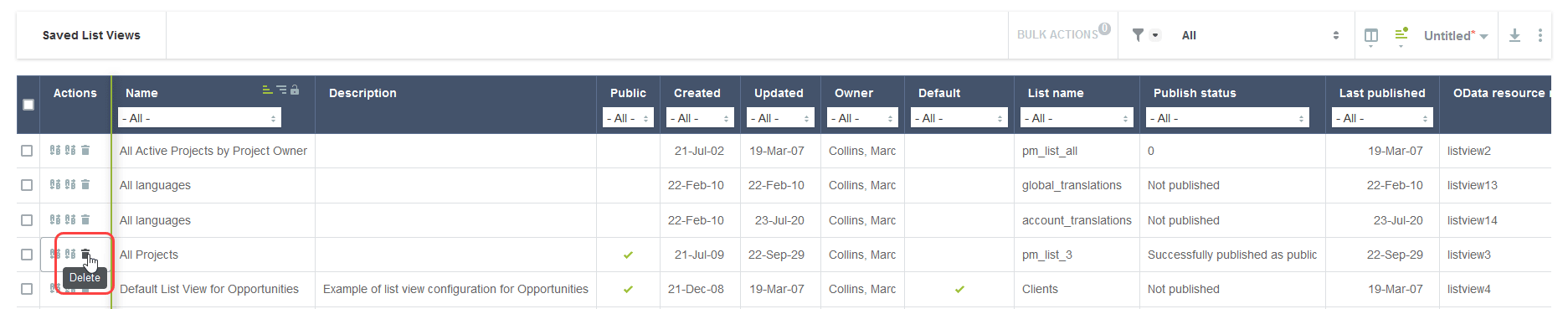 Manage list view settings administration page.