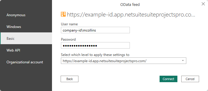 Basic OData feed connection setting in Microsoft Power BI version 2.138